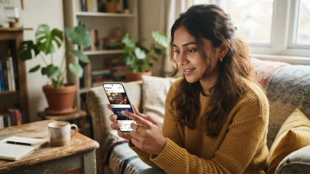 Person holding a smartphone while browsing social media for Instagram Shayari inspiration.