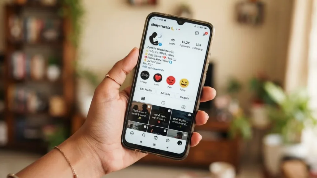  Hand holding a smartphone displaying an Instagram profile for an Instagram Shayari bio example.