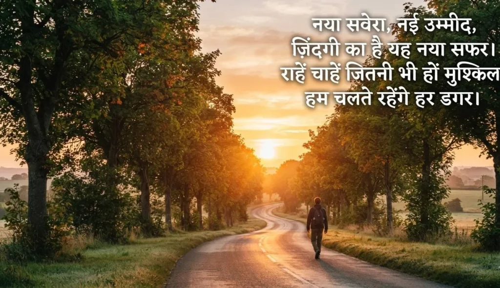 Life Shayari in Hindi showing a person walking along a tree lined road at sunrise, representing a new beginning and the journey of life.