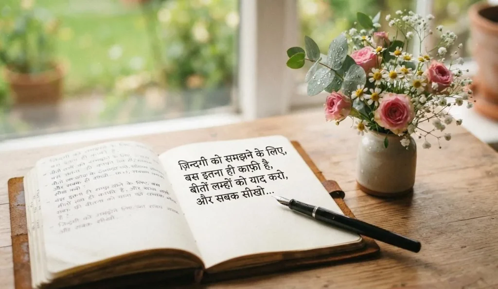 Life Shayari in Hindi beside a notebook, pen and flower, symbolizing reflection, writing feelings and understanding life experiences.