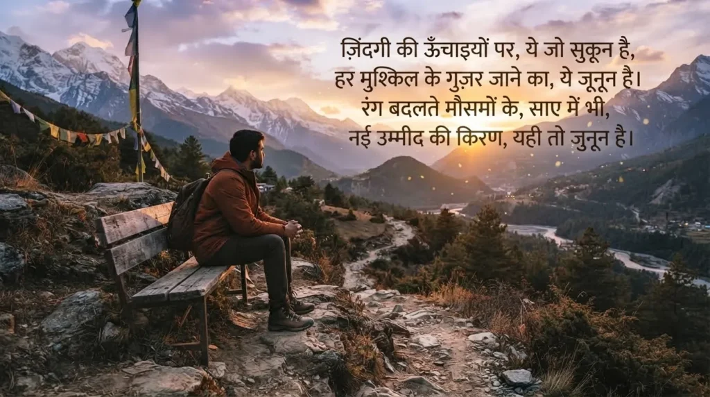 Life Shayari in Hindi with a peaceful mountain sunset, representing reflection, resilience, hope and the changing seasons of life.