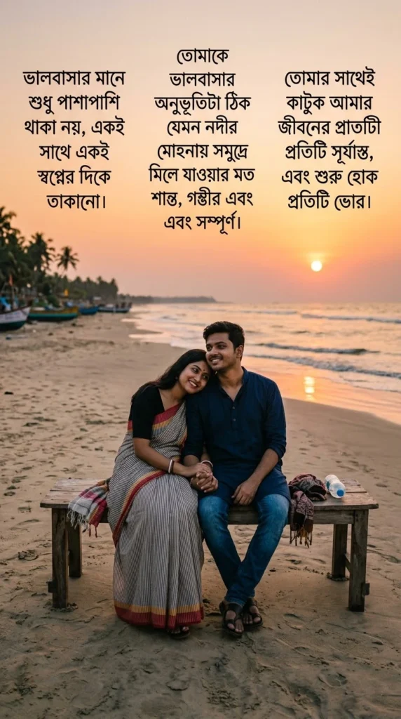 Deep Love Quotes In Bengali beside a couple sharing a quiet sunset