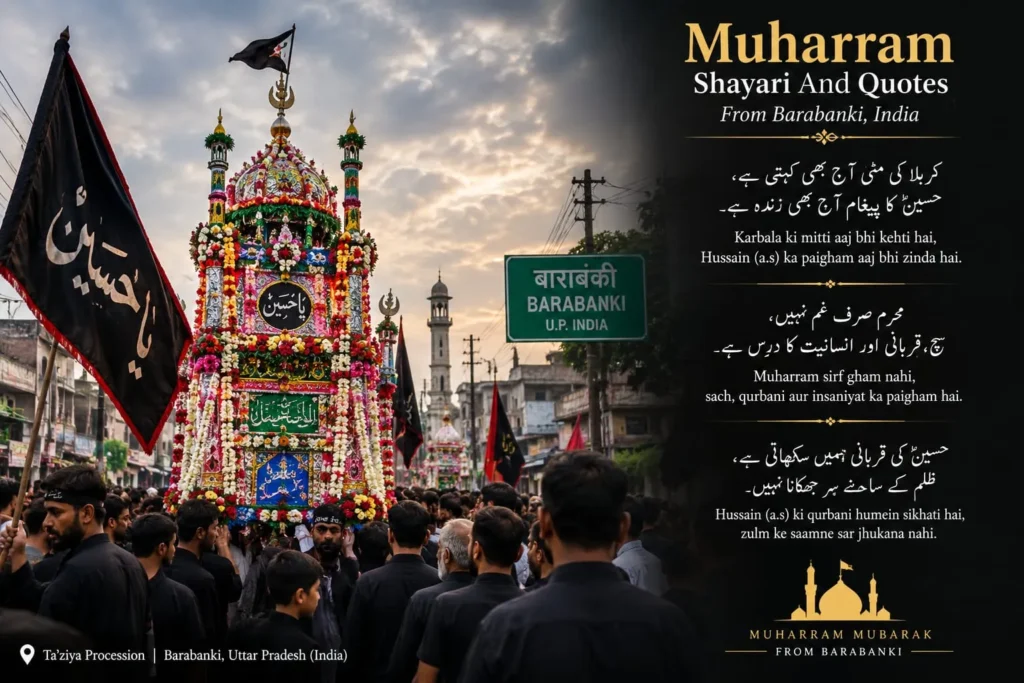 Muharram Shayari And Quotes shown beside a traditional Ta'ziya procession in Barabanki India
