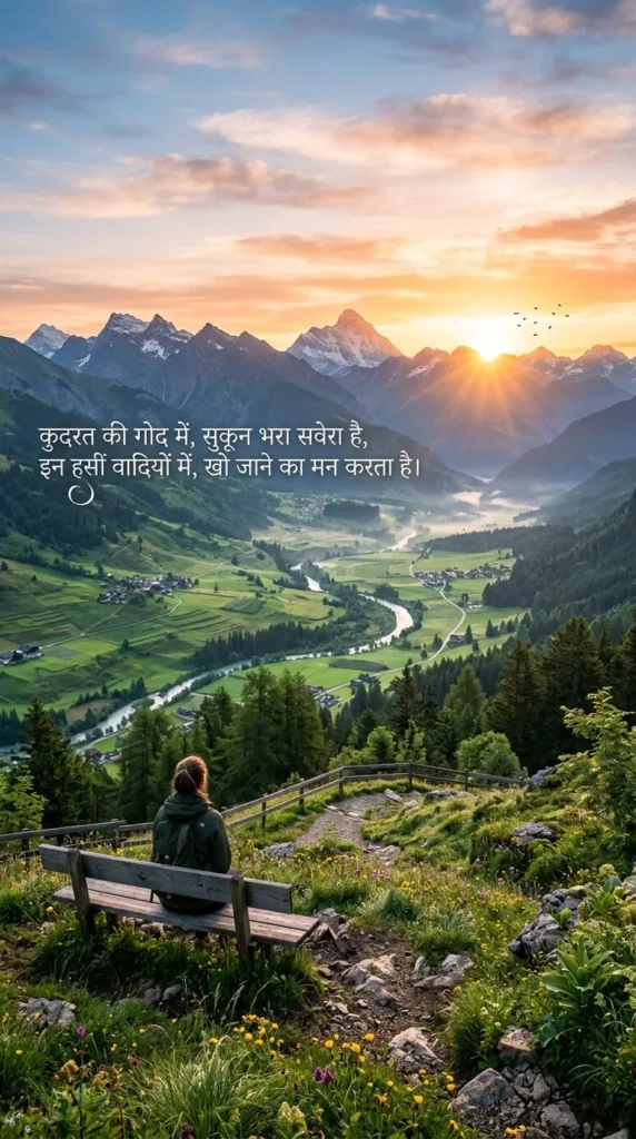 Nature Shayari with a peaceful mountain sunrise and green valley