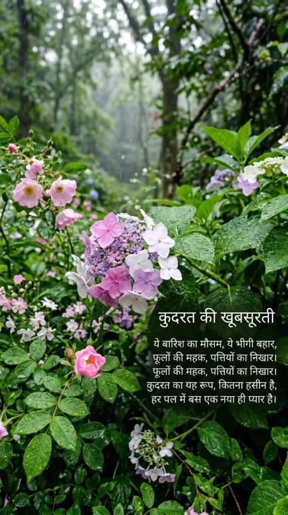Nature Shayari with rain covered flowers and fresh green leaves