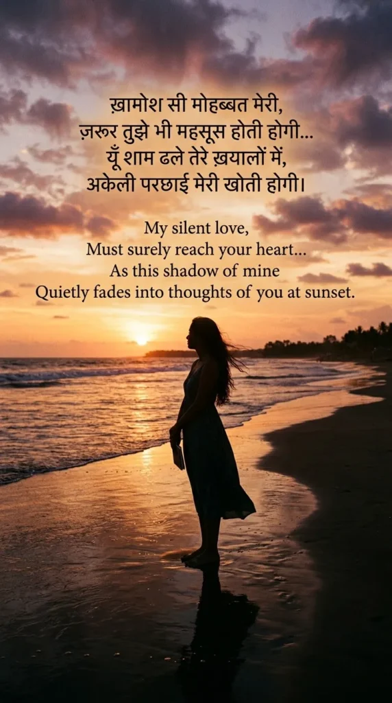 One Sided Love Shayari expressing quiet affection through a sunset silhouette