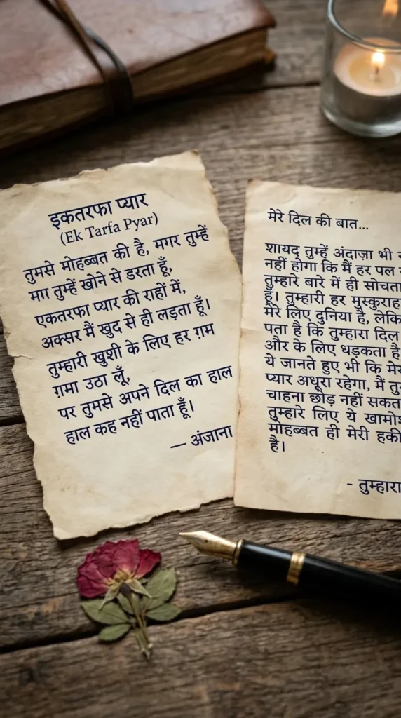 One Sided Love Shayari in Hindi beside a handwritten love note