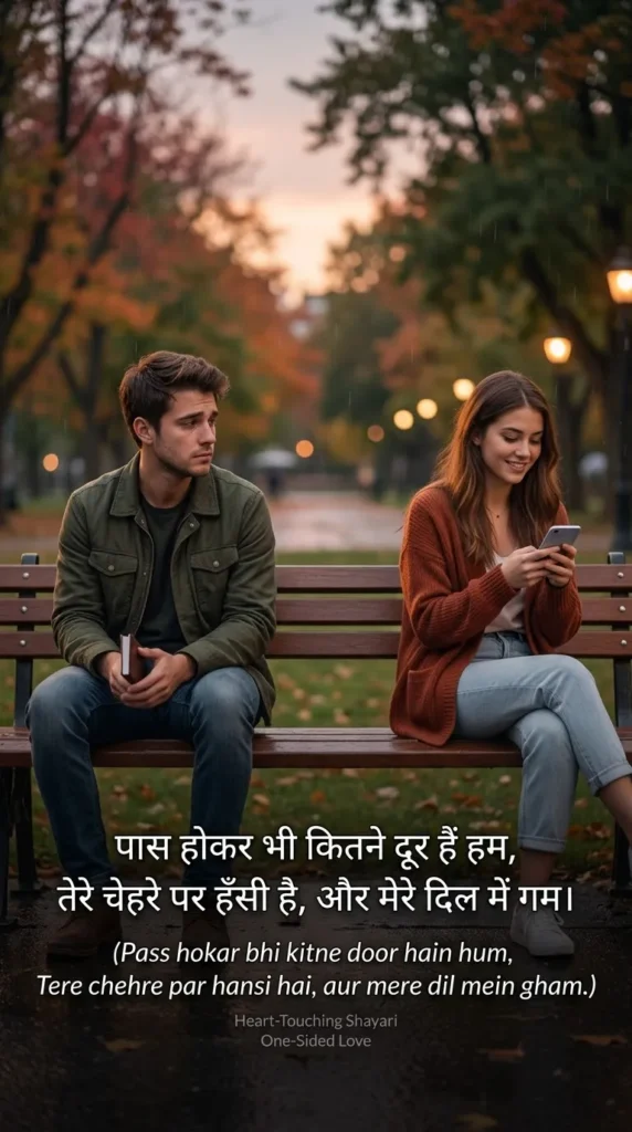 Heart Touching One Sided Love Shayari showing emotional distance between two people