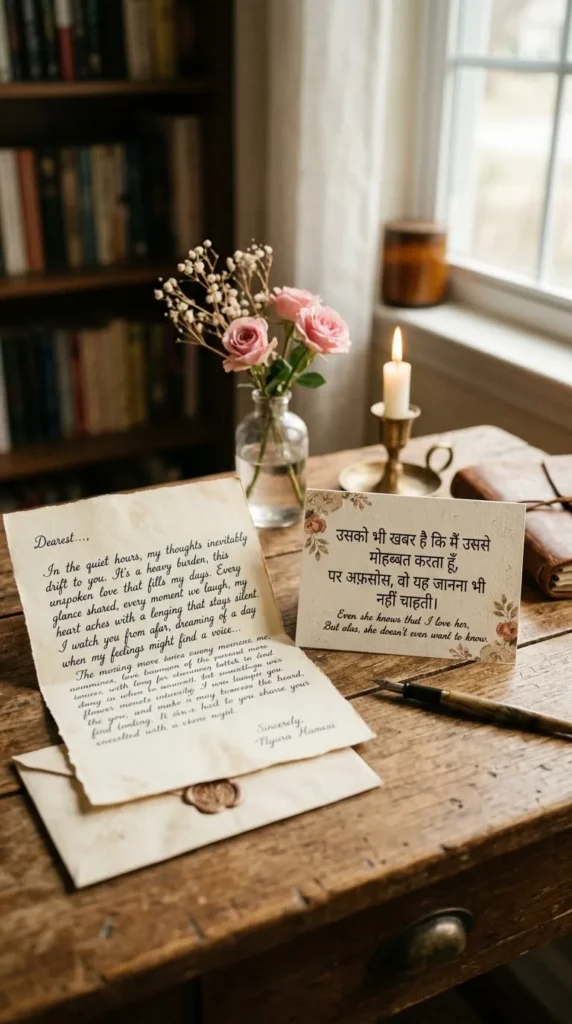 One Sided Love Shayari 2 Line beside a quiet romantic letter