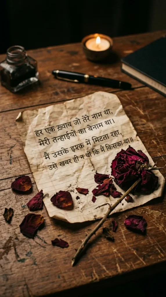 Painful One Sided Love Shayari represented by a crumpled love letter and a rose