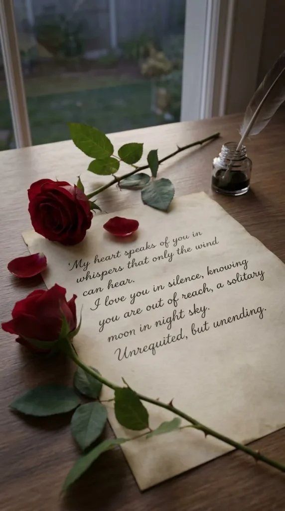 One Sided Love Shayari in English represented by a quiet love letter and rose