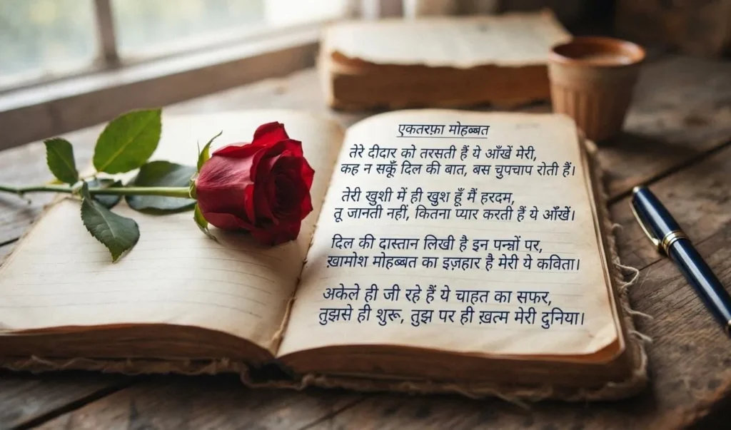 Open notebook with hindi shayari written on it single red rose and pen beside it representing one sided love shayari in hindi for silent hearts