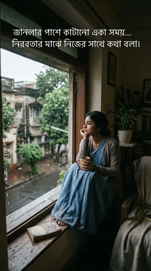 Sad Caption In Bengali for a quiet moment of loneliness beside a window