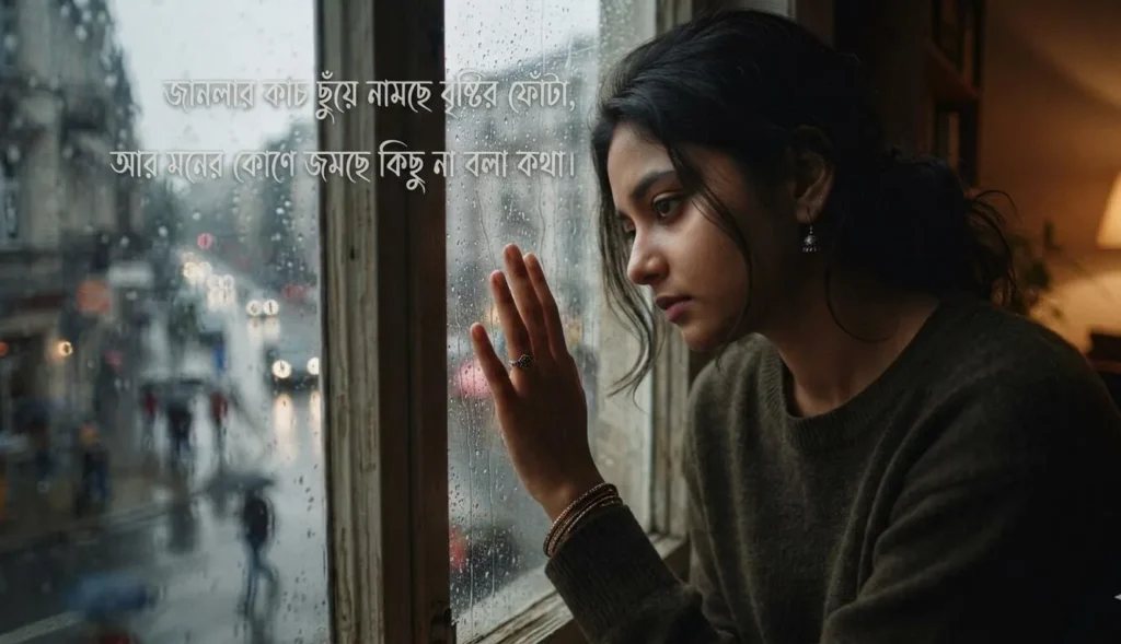 Sad Caption In Bengali for a lonely person watching the rain through a window