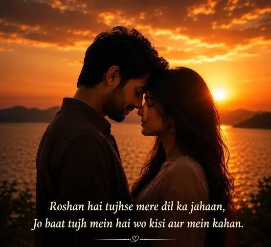 Pyar Bhari Shayari for a romantic couple sharing a quiet affectionate moment at sunset