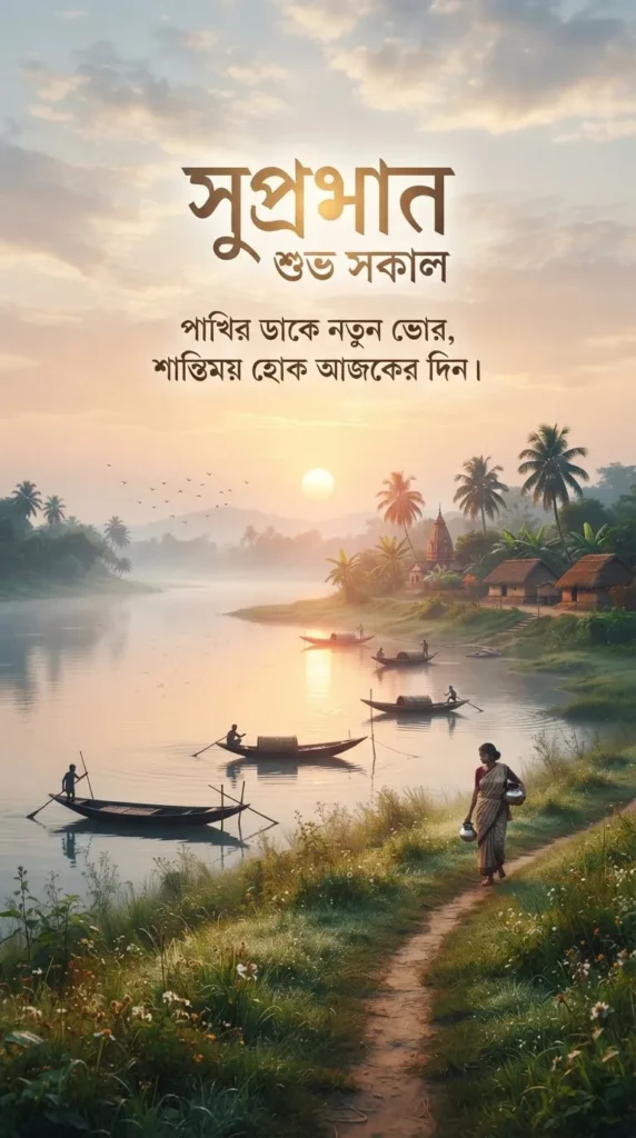 Suprabhat Pictures In Bengali with a peaceful sunrise and soft morning landscape