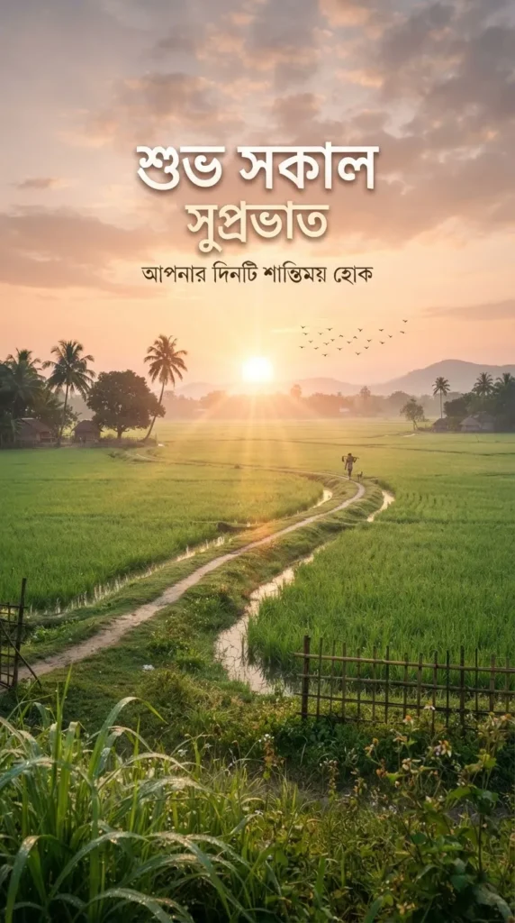 Suprabhat Pictures In Bengali featuring a sunrise over green fields for a peaceful morning wish