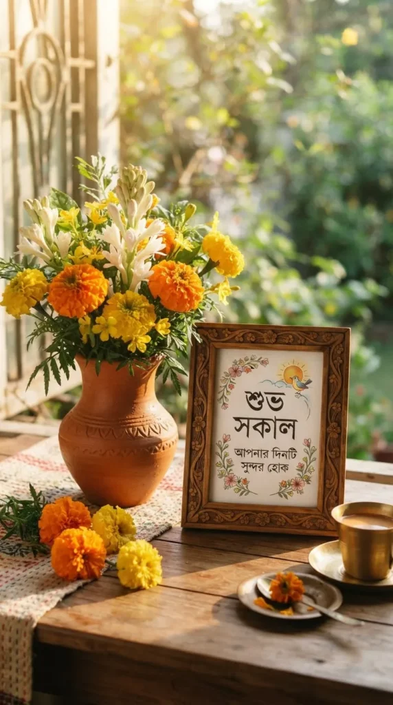  Suprabhat Pictures In Bengali with fresh flowers in soft morning sunlight