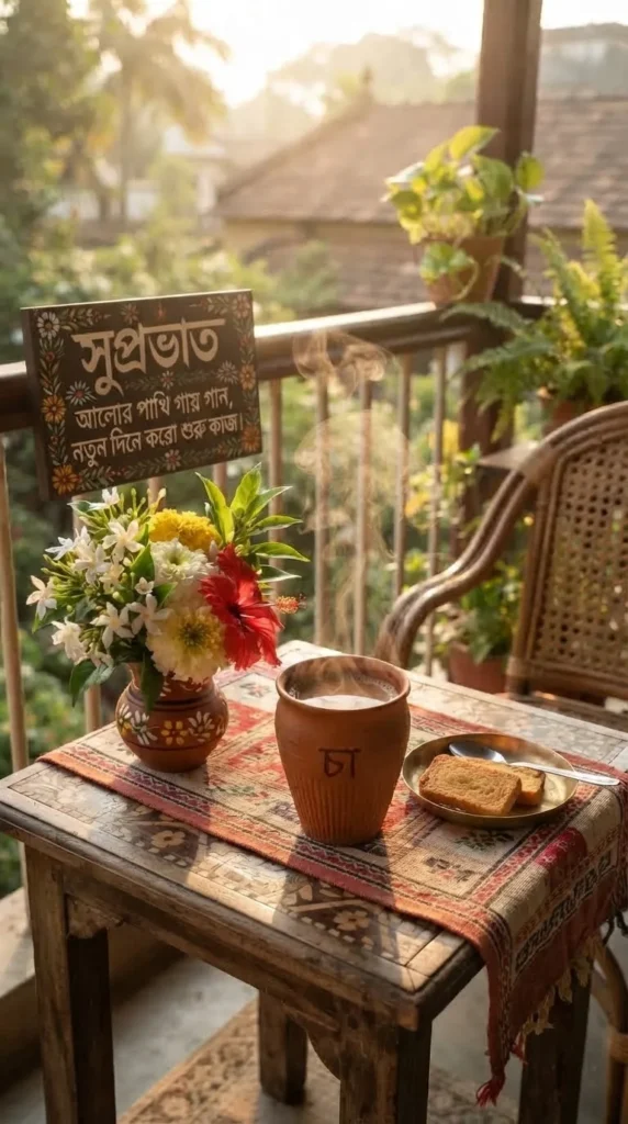 Suprabhat Pictures In Bengali showing a warm cup of tea with flowers in morning light