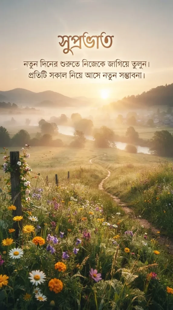 Suprabhat Pictures In Bengali with a misty sunrise and wildflowers for a motivational morning message