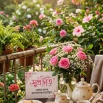 Suprabhat Pictures In Bengali with a tea set and pink flowers for a romantic morning greeting