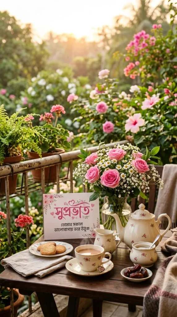 Suprabhat Pictures In Bengali with a tea set and pink flowers for a romantic morning greeting