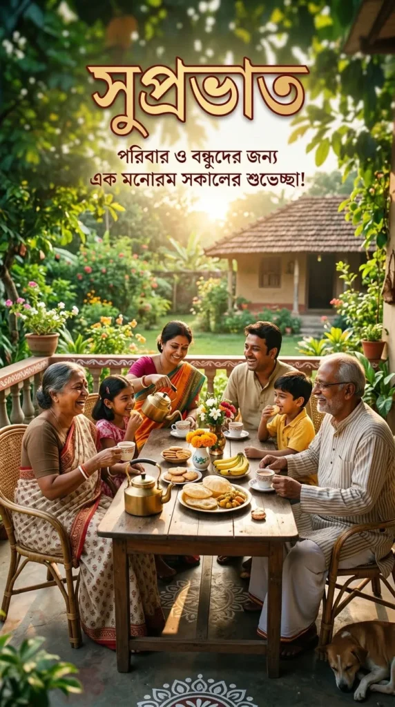 Suprabhat Pictures In Bengali with a bright morning tea scene suitable for family and friends