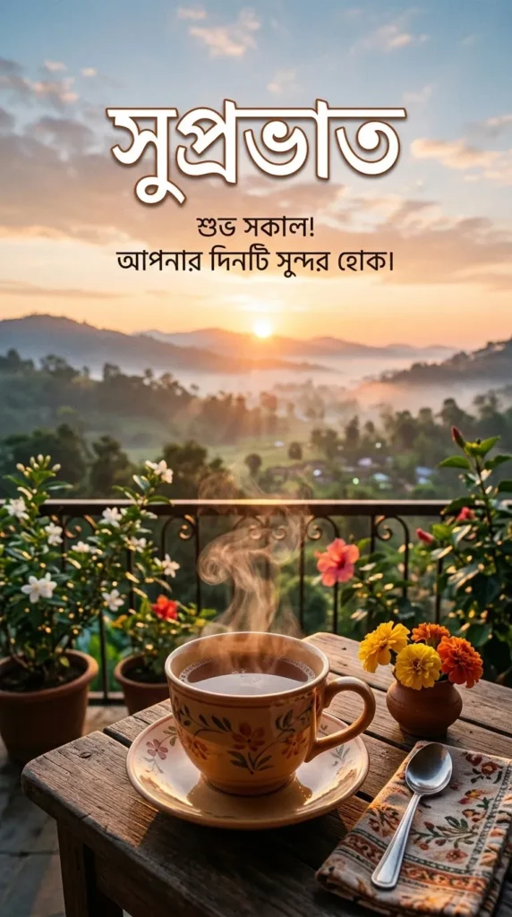Suprabhat Pictures In Bengali with a steaming cup of tea in soft sunrise light for WhatsApp status