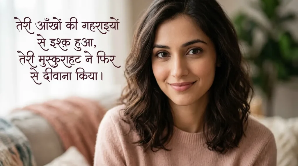 Tareef Shayari for beautiful eyes and a graceful smile in a soft portrait