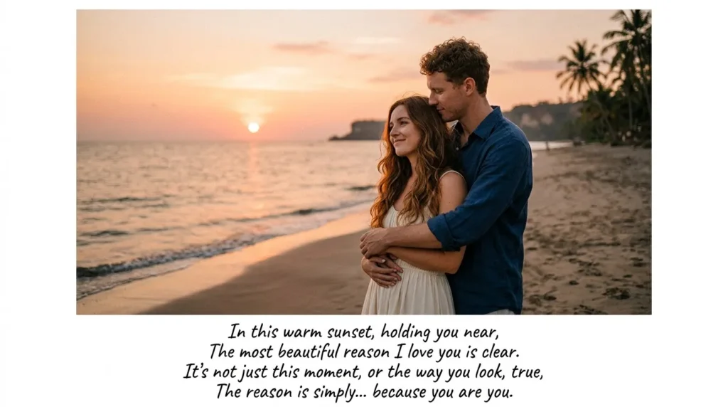 Tareef Shayari for a loving couple sharing a warm sunset embrace
मेरी पसंद की सबसे खूबसूरत वजह है।